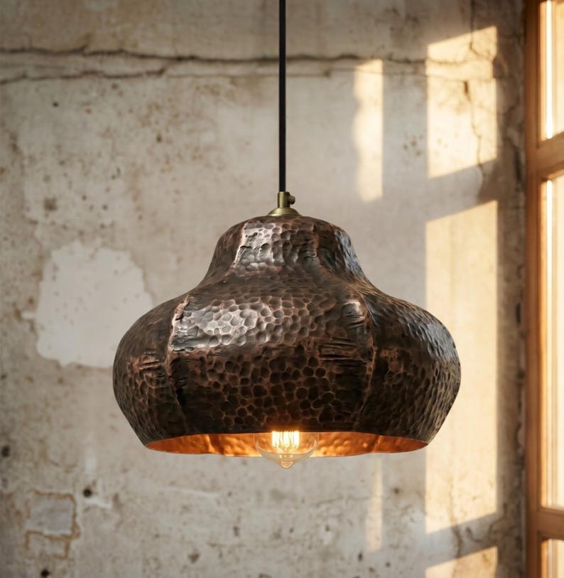 Handmade Moroccan Brass Pendant Light – Hammered Dark Copper Finish Scalloped Dome Ceiling Lamp, Rustic Kitchen Island & Dining Room Lighting