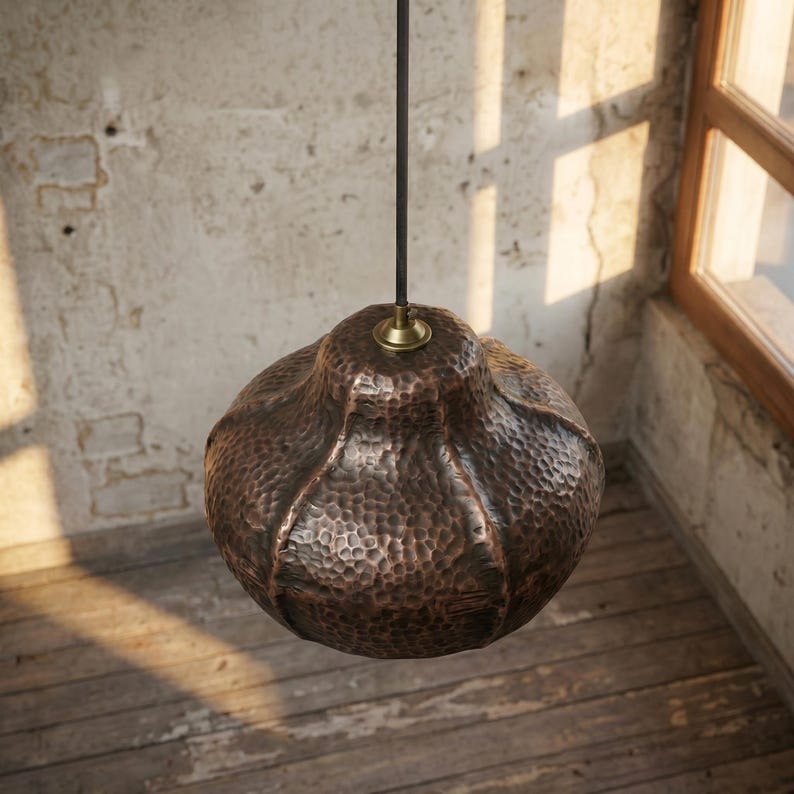 Set of 3 Handmade Moroccan Brass Pendant Lights – Hammered Dark Copper Finish Sculptural Dome Ceiling Lamps, Kitchen Island & Dining Room Lighting