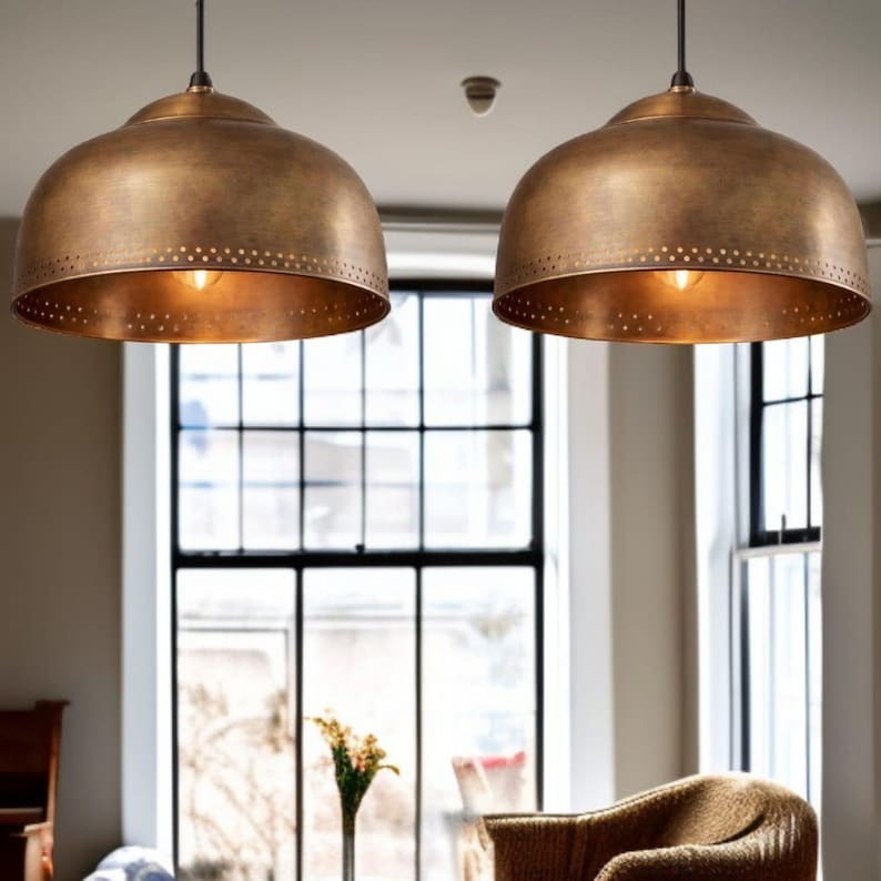 Handmade Moroccan Brass Pendant Light – Antique Brass Dome Ceiling Lamp with Pierced Detail, Vintage Moroccan Hanging Light for Kitchen Island & Dining Room
