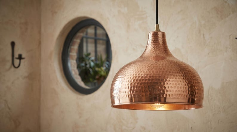 Handmade Moroccan Brass Pendant Light – Hammered Copper Dome Ceiling Lamp, Rustic Kitchen Island & Dining Room Lighting