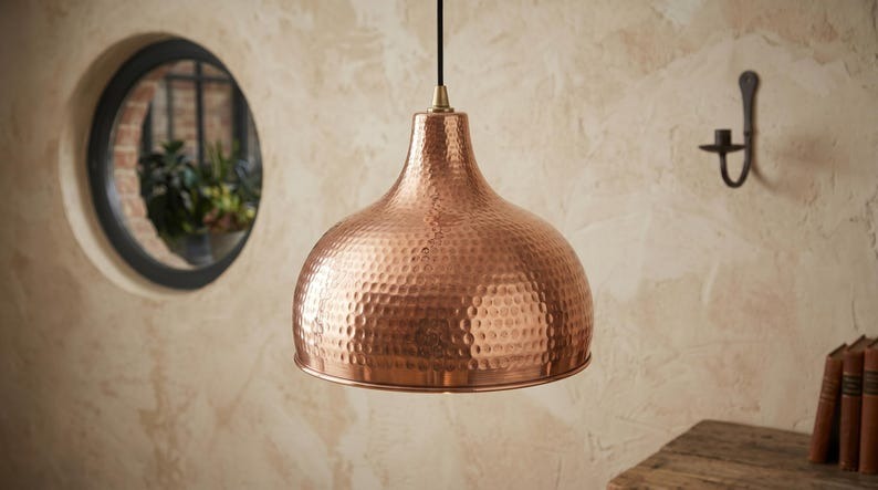Handmade Moroccan Brass Pendant Light – Hammered Copper Dome Ceiling Lamp, Rustic Kitchen Island & Dining Room Lighting