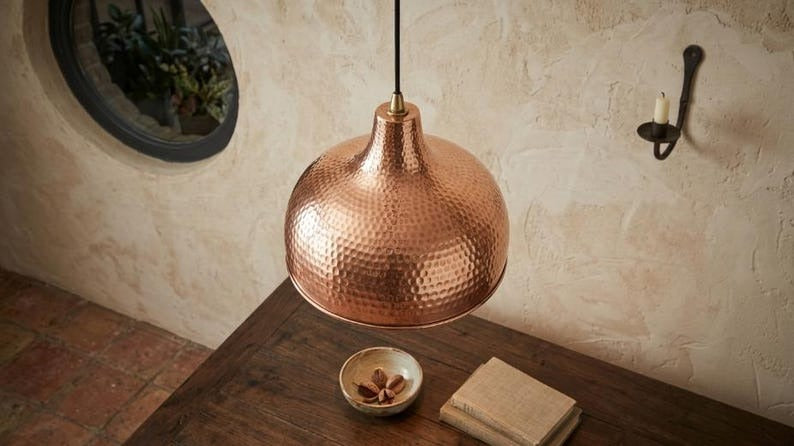 Set of 3 Handmade Moroccan Brass Pendant Lights – Hammered Copper Dome Ceiling Lamps, Kitchen Island & Dining Room Lighting