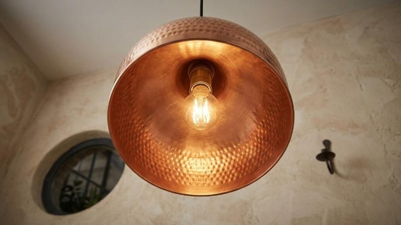 Handmade Moroccan Brass Pendant Light – Hammered Copper Dome Ceiling Lamp, Rustic Kitchen Island & Dining Room Lighting