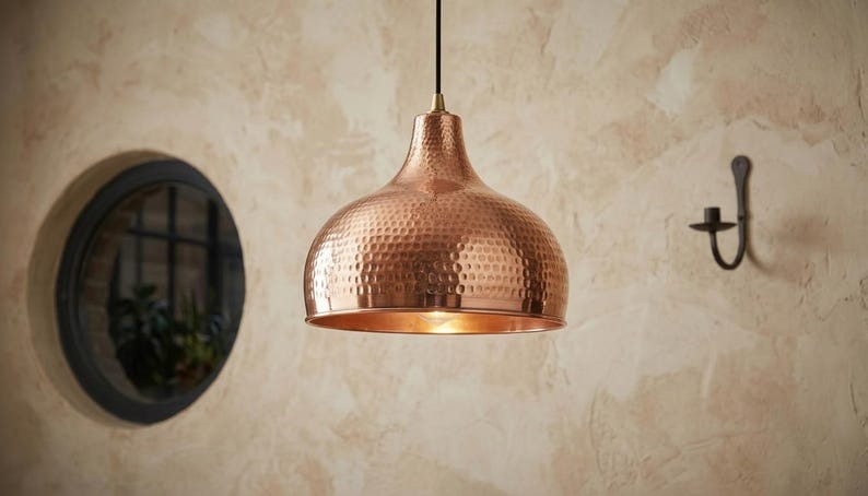 Handmade Moroccan Brass Pendant Light – Hammered Copper Dome Ceiling Lamp, Rustic Kitchen Island & Dining Room Lighting