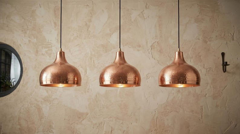 Set of 3 Handmade Moroccan Brass Pendant Lights – Hammered Copper Dome Ceiling Lamps, Kitchen Island & Dining Room Lighting