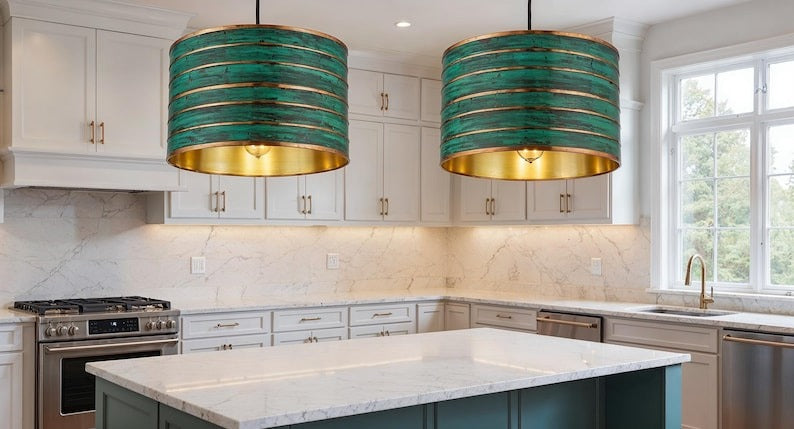 Verdigris Brass Drum Pendant Light – Turquoise & Gold Moroccan Dining Room Chandelier