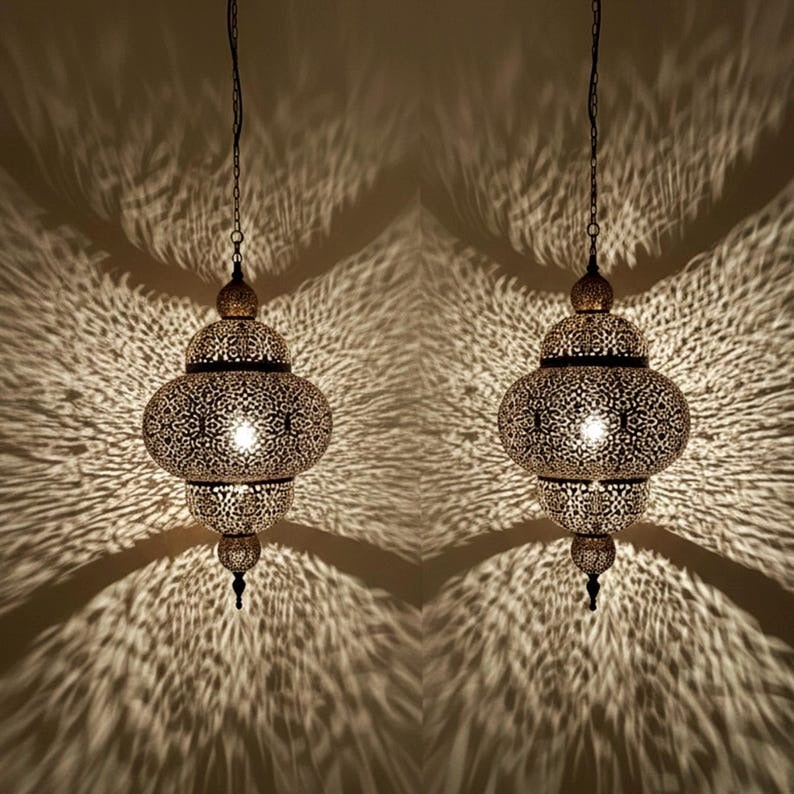 Set of 2 Moroccan Pierced Brass Lantern Pendant Lights, Handmade Filigree Hanging Lamp Pair, Boho Moorish Chandeliers, Rustic Arabic Ceiling Lights with Shadow Pattern