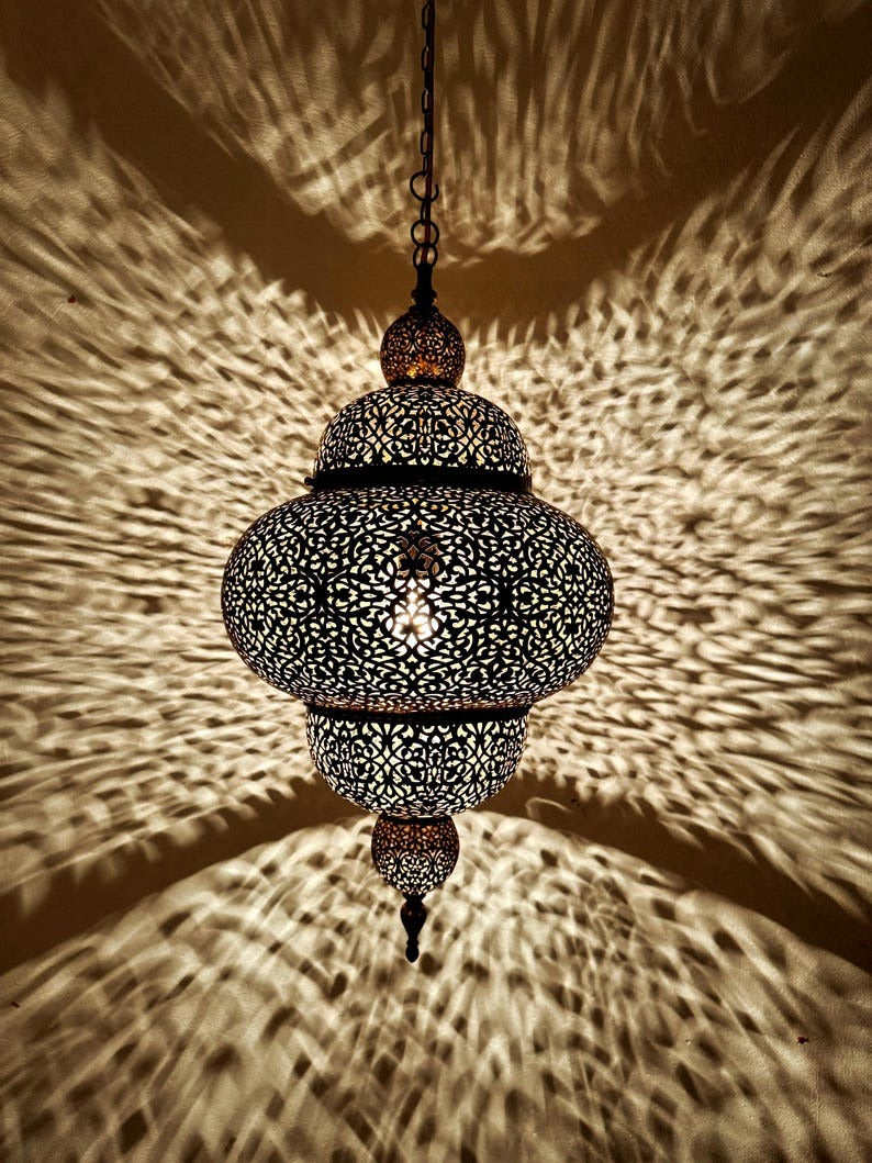 Set of 2 Moroccan Pierced Brass Lantern Pendant Lights, Handmade Filigree Hanging Lamp Pair, Boho Moorish Chandeliers, Rustic Arabic Ceiling Lights with Shadow Pattern