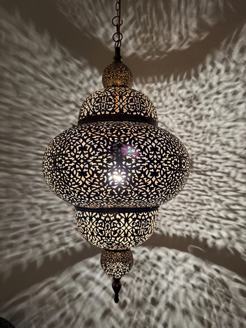 Moroccan Pierced Brass Lantern Pendant Light, Handmade Filigree Hanging Lamp, Boho Moorish Chandelier, Rustic Arabic Ceiling Light with Shadow Pattern