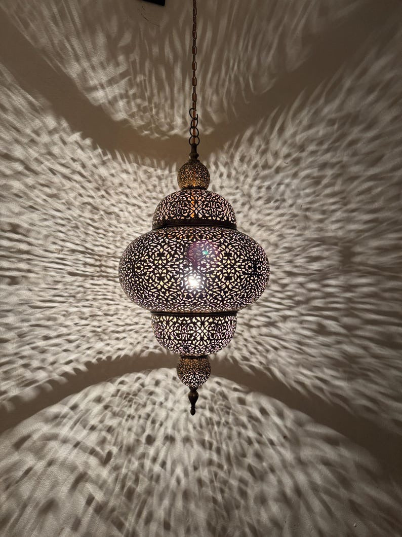 Set of 2 Moroccan Pierced Brass Lantern Pendant Lights, Handmade Filigree Hanging Lamp Pair, Boho Moorish Chandeliers, Rustic Arabic Ceiling Lights with Shadow Pattern