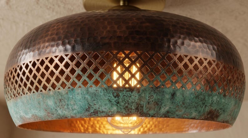 Handmade Brass Flush Mount Ceiling Light – Copper Hammered Brass Dome Fixture with Verdigris Green Patina Band, Moroccan Pierced Ceiling Lamp
