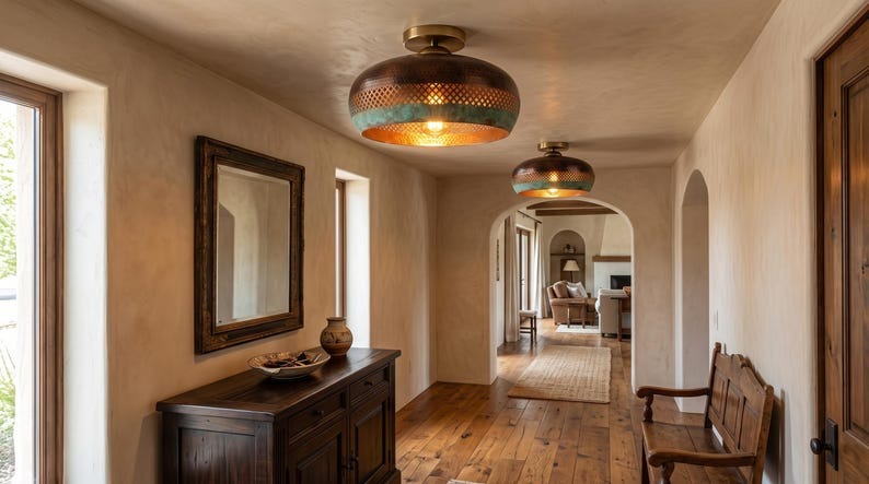 Handmade Brass Flush Mount Ceiling Light – Copper Hammered Brass Dome Fixture with Verdigris Green Patina Band, Moroccan Pierced Ceiling Lamp