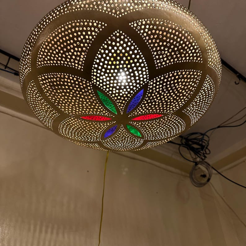 Moroccan Pierced Brass Saucer Pendant Light, Handmade Moorish Floral Chandelier with Colored Glass, Boho Arabic Shadow Lamp, Gold Filigree Ceiling Light Fixture