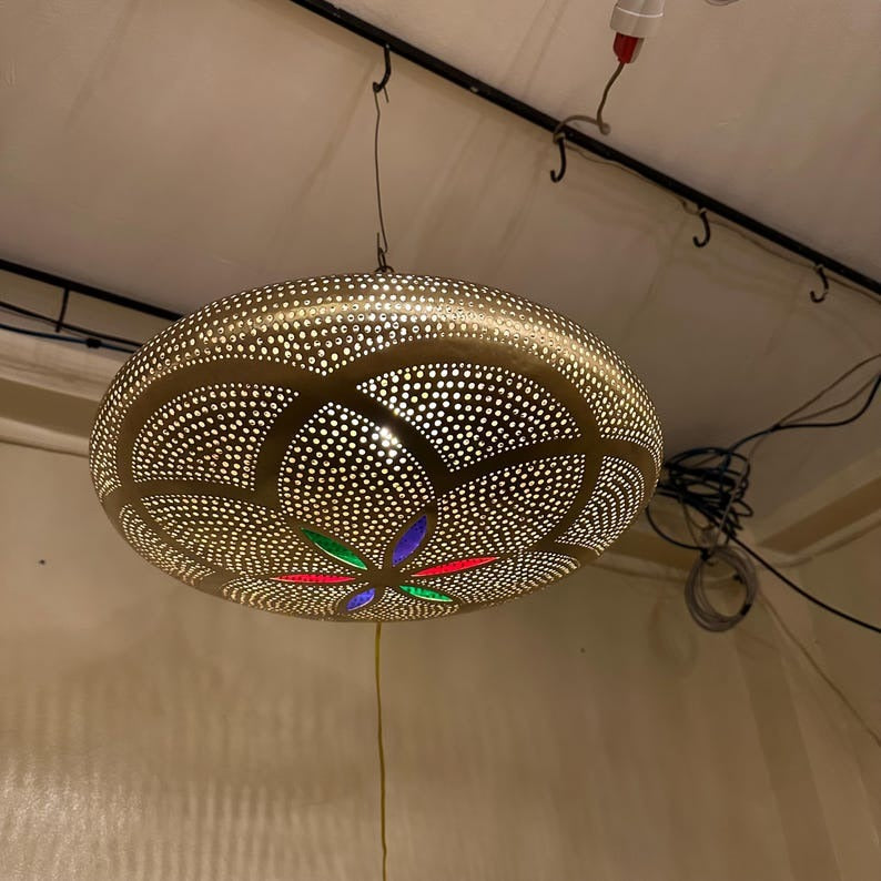 Moroccan Pierced Brass Saucer Pendant Light, Handmade Moorish Floral Chandelier with Colored Glass, Boho Arabic Shadow Lamp, Gold Filigree Ceiling Light Fixture