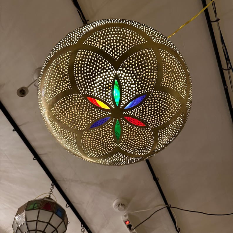 Moroccan Pierced Brass Saucer Pendant Light, Handmade Moorish Floral Chandelier with Colored Glass, Boho Arabic Shadow Lamp, Gold Filigree Ceiling Light Fixture