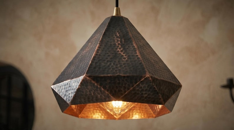 Set of 3 Handmade Moroccan Brass Pendant Lights – Geometric Faceted Dark Copper Ceiling Lamps, Hammered Diamond Kitchen Island Lighting