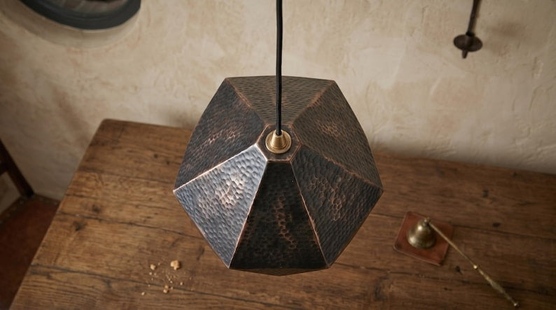 Handmade Moroccan Brass Pendant Light – Geometric Faceted Dark Copper Ceiling Lamp, Hammered Diamond Pendant for Kitchen Island & Dining Room