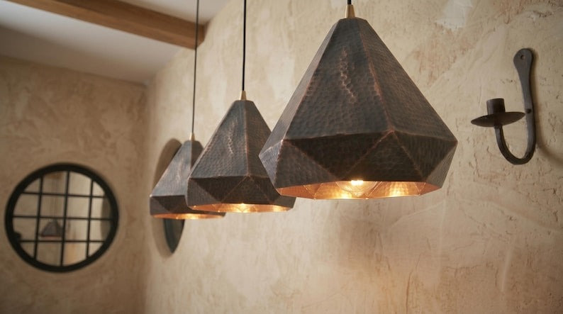 Handmade Moroccan Brass Pendant Light – Geometric Faceted Dark Copper Ceiling Lamp, Hammered Diamond Pendant for Kitchen Island & Dining Room