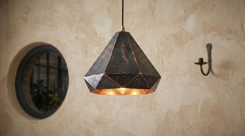 Set of 3 Handmade Moroccan Brass Pendant Lights – Geometric Faceted Dark Copper Ceiling Lamps, Hammered Diamond Kitchen Island Lighting