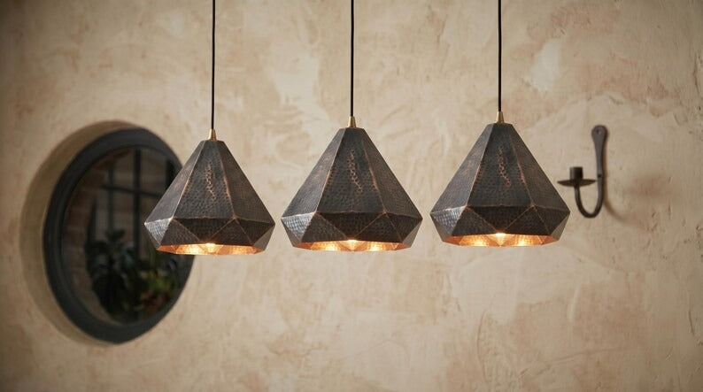 Handmade Moroccan Brass Pendant Light – Geometric Faceted Dark Copper Ceiling Lamp, Hammered Diamond Pendant for Kitchen Island & Dining Room