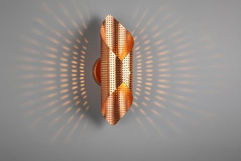 Handmade Moroccan Brass Wall Sconce – Perforated Brass Geometric Wall Light, Copper Brass Folded Sconce, Boho Mediterranean Accent Lamp for Bedroom, Hallway, Entryway & Living Room