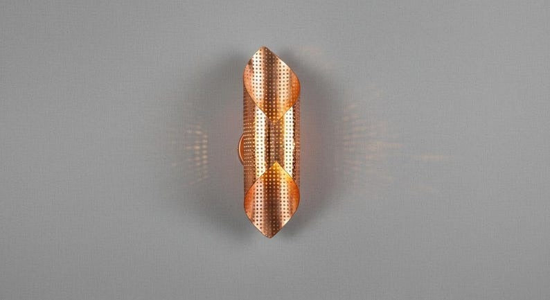 Handmade Moroccan Brass Wall Sconce – Perforated Brass Geometric Wall Light, Copper Brass Folded Sconce, Boho Mediterranean Accent Lamp for Bedroom, Hallway, Entryway & Living Room