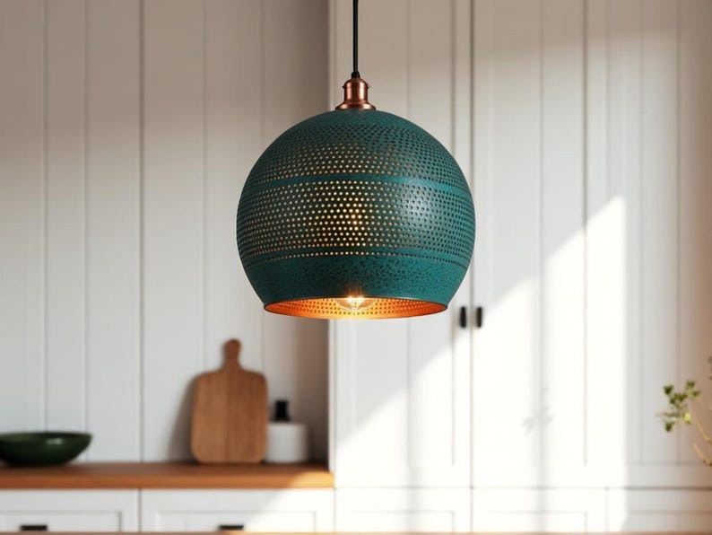 Set of 3 Handmade Moroccan Brass Pendant Lights – Green Patina Pierced Globe Ceiling Lamps with Copper Interior, Kitchen Island & Dining Room Lighting