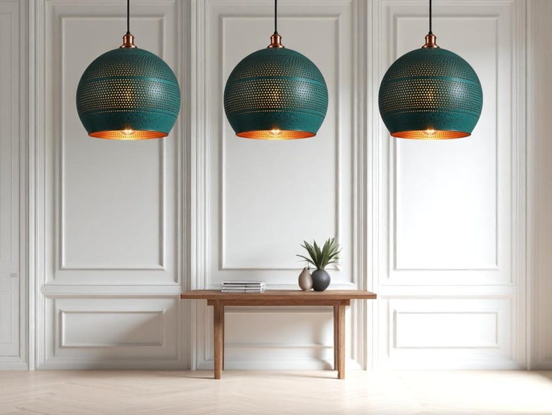 Set of 3 Handmade Moroccan Brass Pendant Lights – Green Patina Pierced Globe Ceiling Lamps with Copper Interior, Kitchen Island & Dining Room Lighting