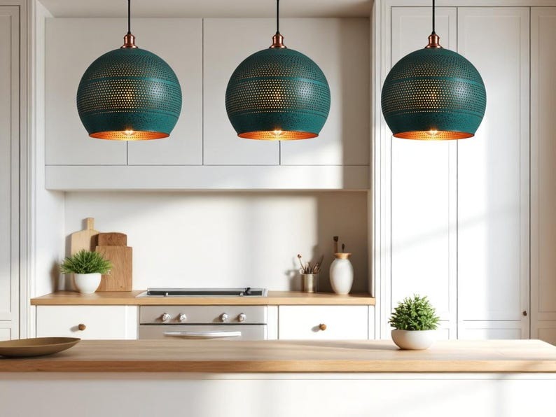 Set of 3 Handmade Moroccan Brass Pendant Lights – Green Patina Pierced Globe Ceiling Lamps with Copper Interior, Kitchen Island & Dining Room Lighting