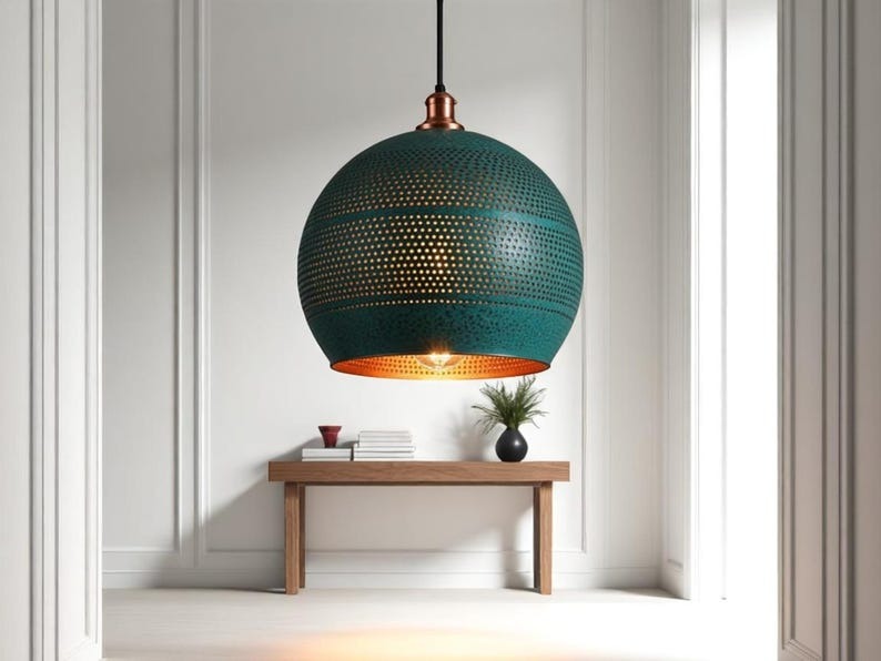 Set of 3 Handmade Moroccan Brass Pendant Lights – Green Patina Pierced Globe Ceiling Lamps with Copper Interior, Kitchen Island & Dining Room Lighting