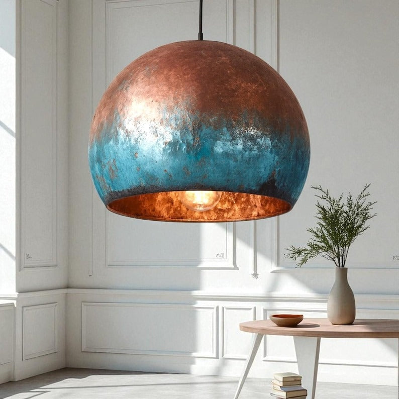Handmade Moroccan Brass Pendant Light – Copper & Turquoise Verdigris Patina Globe Ceiling Lamp with Warm Brass Interior, Kitchen Island & Dining Room Lighting