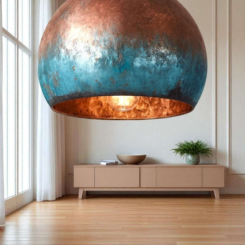 Handmade Moroccan Brass Pendant Light – Copper & Turquoise Verdigris Patina Globe Ceiling Lamp with Warm Brass Interior, Kitchen Island & Dining Room Lighting