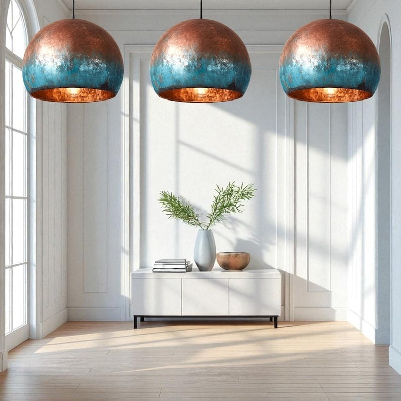 Handmade Moroccan Brass Pendant Light – Copper & Turquoise Verdigris Patina Globe Ceiling Lamp with Warm Brass Interior, Kitchen Island & Dining Room Lighting