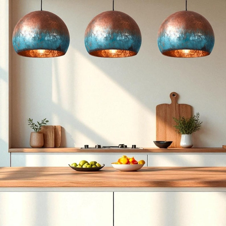 Set of 3 Handmade Moroccan Brass Pendant Lights – Copper & Turquoise Verdigris Patina Globe Ceiling Lamps with Warm Brass Interior, Kitchen Island & Dining Room Lighting