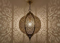 Moroccan Pierced Brass Globe Lantern Pendant – Ornate Filigree Chandelier with Shadow Pattern
