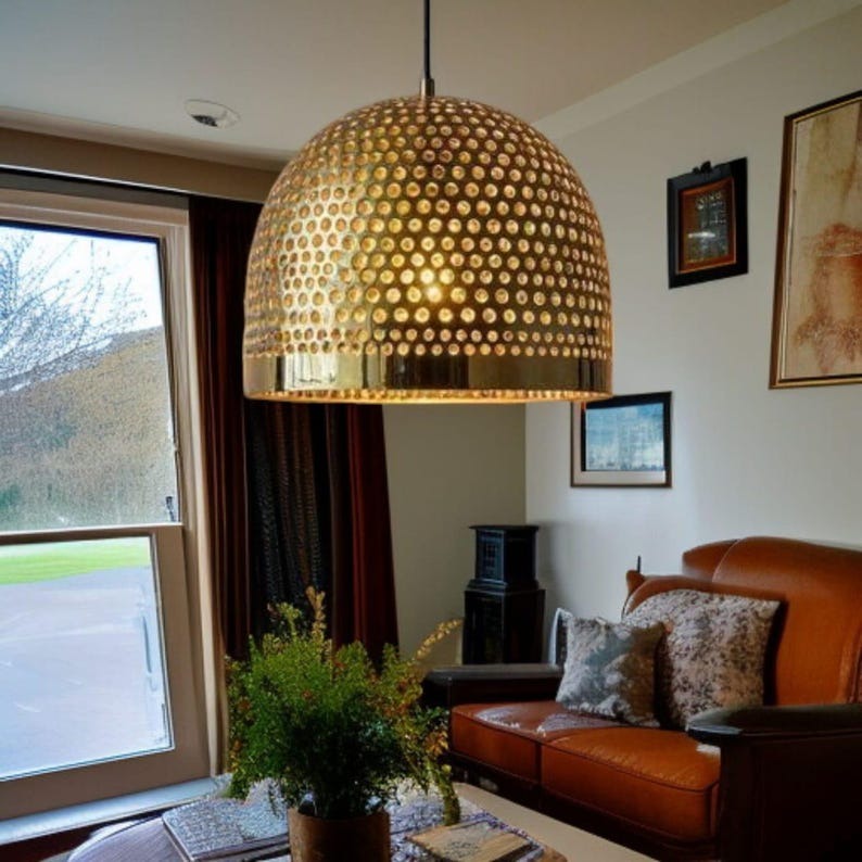 Handmade Moroccan Brass Pendant Light – Pierced Gold Dome Ceiling Lamp, Perforated Brass Kitchen Island & Dining Room Lighting