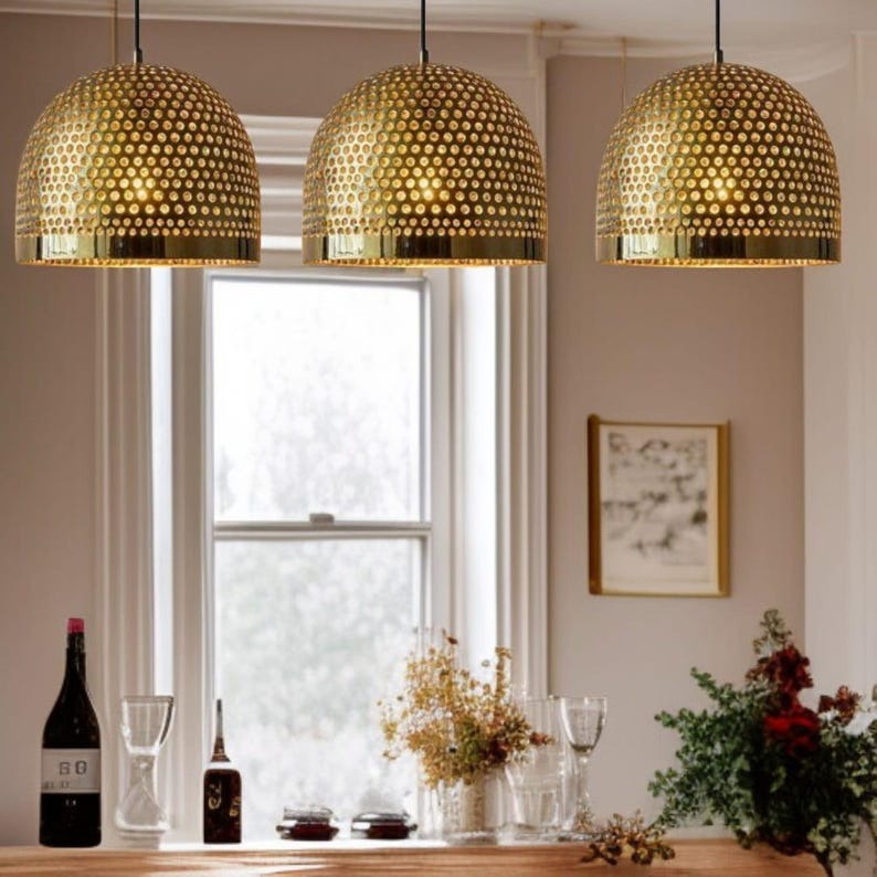 Set of 2 Handmade Moroccan Brass Pendant Lights – Pierced Gold Dome Ceiling Lamps, Perforated Brass Kitchen Island & Dining Room Lighting
