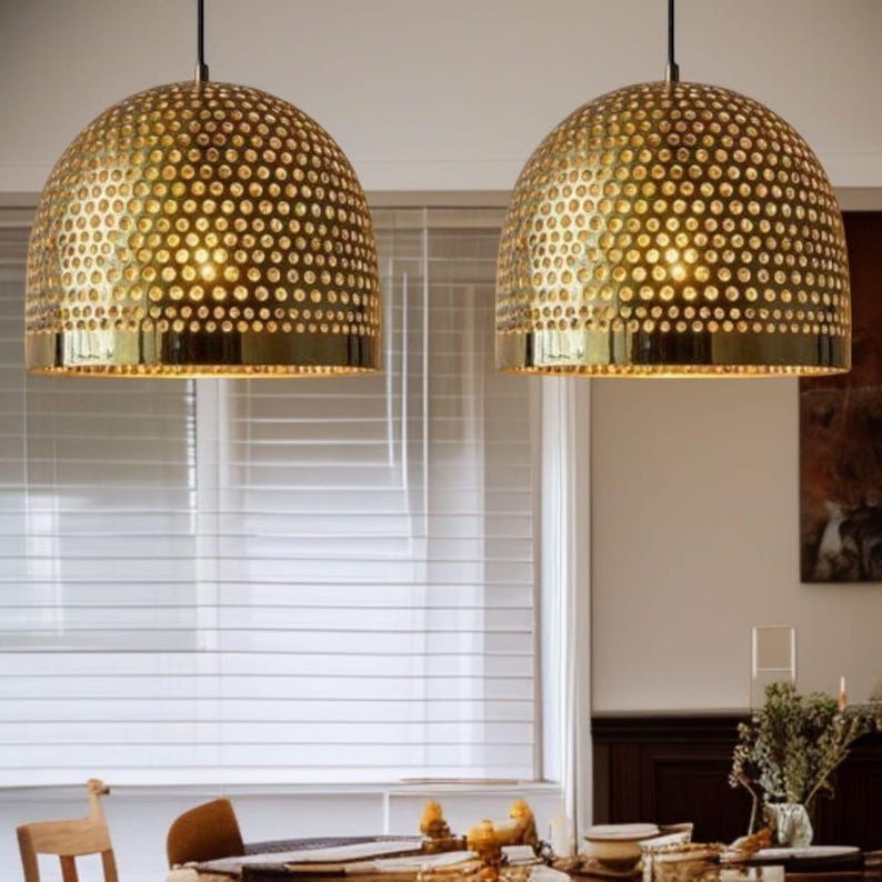 Set of 2 Handmade Moroccan Brass Pendant Lights – Pierced Gold Dome Ceiling Lamps, Perforated Brass Kitchen Island & Dining Room Lighting