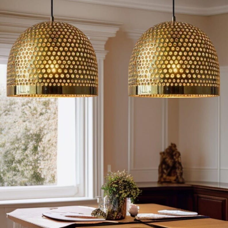 Set of 2 Handmade Moroccan Brass Pendant Lights – Pierced Gold Dome Ceiling Lamps, Perforated Brass Kitchen Island & Dining Room Lighting