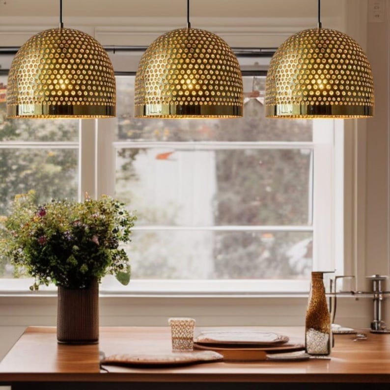 Set of 2 Handmade Moroccan Brass Pendant Lights – Pierced Gold Dome Ceiling Lamps, Perforated Brass Kitchen Island & Dining Room Lighting