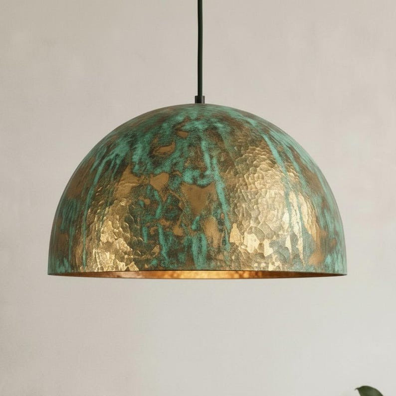 Handmade Moroccan Brass Pendant Light – Green Verdigris Patina Hammered Dome Ceiling Lamp, Large Kitchen Island & Dining Room Lighting