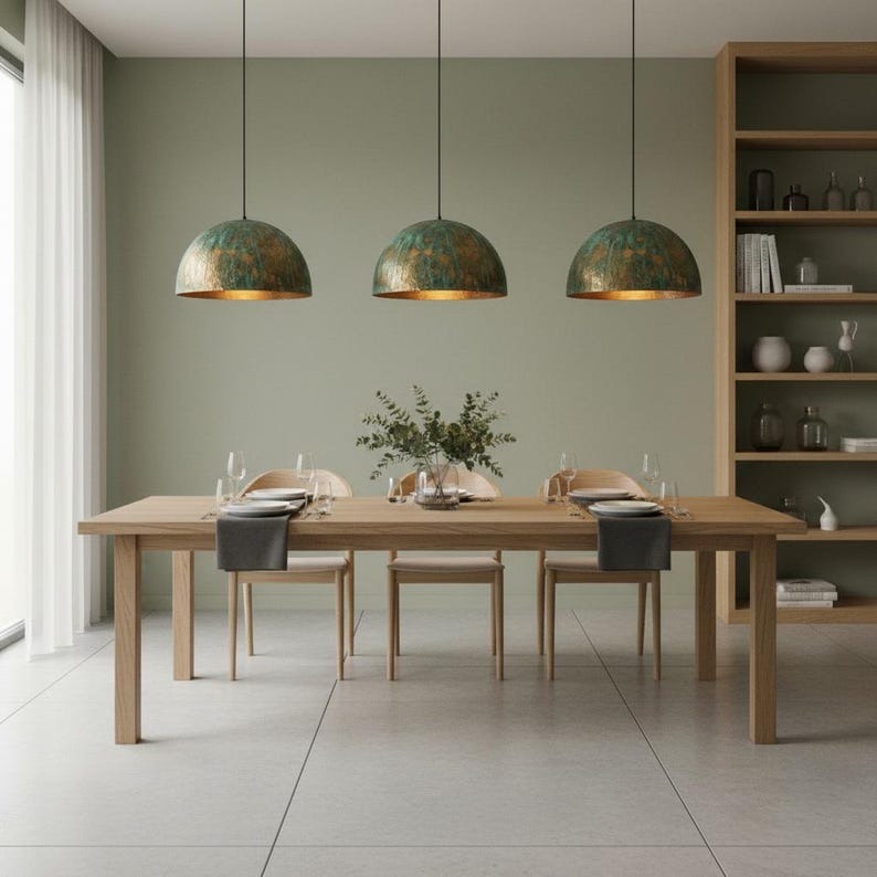 Set of 3 Handmade Moroccan Brass Pendant Lights – Green Verdigris Patina Hammered Dome Ceiling Lamps, Kitchen Island & Dining Room Lighting
