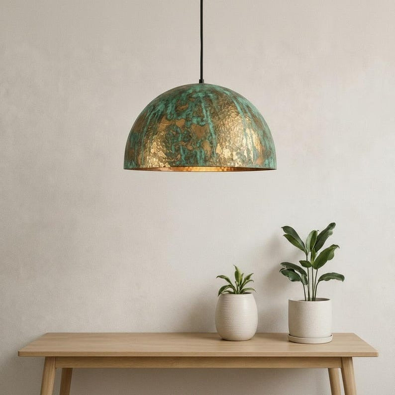 Set of 3 Handmade Moroccan Brass Pendant Lights – Green Verdigris Patina Hammered Dome Ceiling Lamps, Kitchen Island & Dining Room Lighting