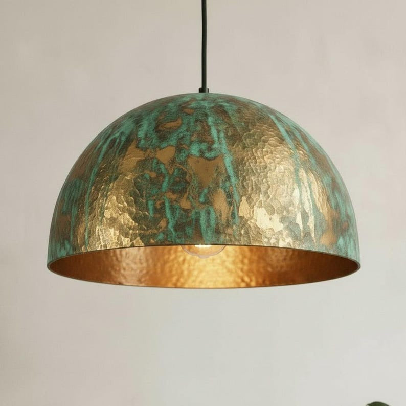 Set of 3 Handmade Moroccan Brass Pendant Lights – Green Verdigris Patina Hammered Dome Ceiling Lamps, Kitchen Island & Dining Room Lighting