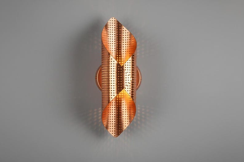 Handmade Moroccan Brass Wall Sconce – Perforated Copper Brass Geometric Wall Light, Sculptural Folded Boho Lamp for Bedroom, Hallway, Entryway & Living Room