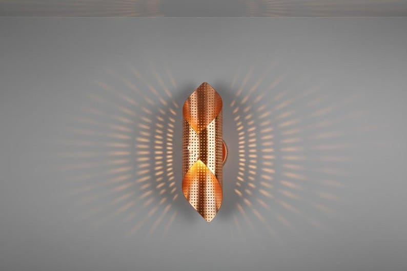 Handmade Moroccan Brass Wall Sconce – Perforated Copper Brass Geometric Wall Light, Sculptural Folded Boho Lamp for Bedroom, Hallway, Entryway & Living Room