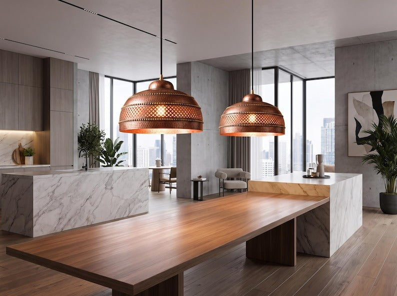 Handmade Moroccan Brass Pendant Light – Hammered Copper Finish Dome Ceiling Lamp with Pierced Geometric Design, Rustic Kitchen Island Lighting
