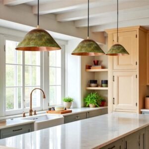 Green Patina Copper Cone Pendant Light, Handmade Moroccan Verdigris Copper Kitchen Island Chandelier, Rustic Wide Dome Hanging Lamp, Boho Farmhouse Ceiling Light Fixture