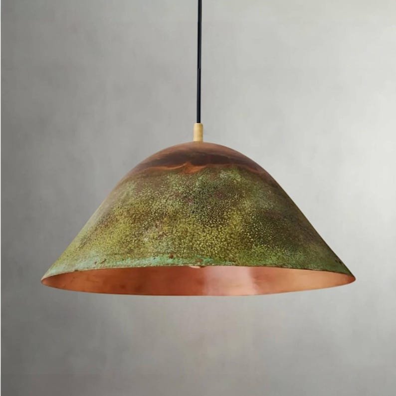 Green Patina Copper Cone Pendant Light, Handmade Moroccan Verdigris Copper Kitchen Island Chandelier, Rustic Wide Dome Hanging Lamp, Boho Farmhouse Ceiling Light Fixture