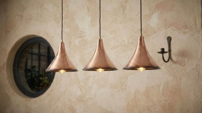 Handmade Moroccan Brass Pendant Light – Hammered Copper Finish Cone Ceiling Lamp, Rustic Kitchen Island & Dining Room Lighting